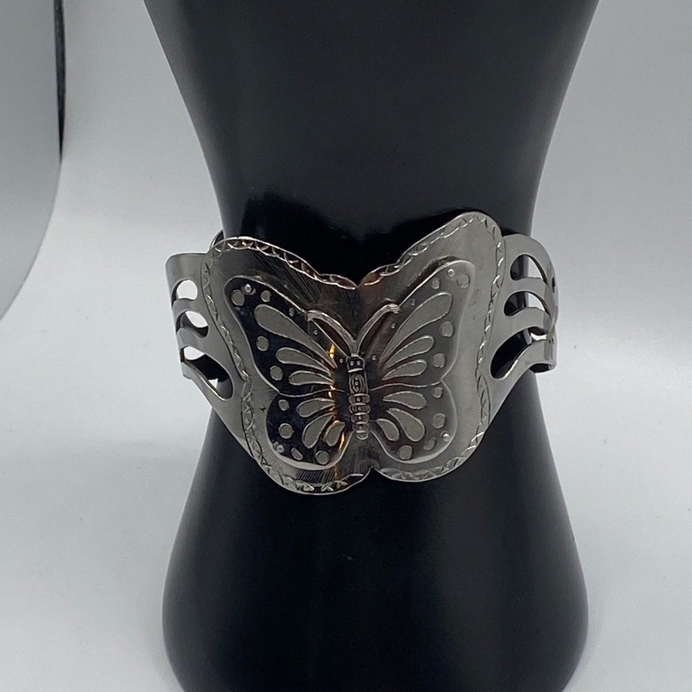 Butterfly Cuff Bracelet Silver Tone Openwork Cut Out Embossed Wide Statement